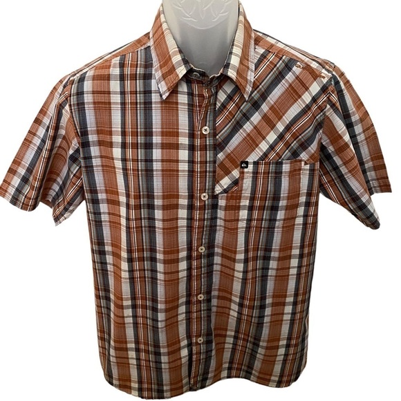 QUIKSILVER Brown Plaid Short Sleeve Collared Shirt Men M Medium - Picture 1 of 9